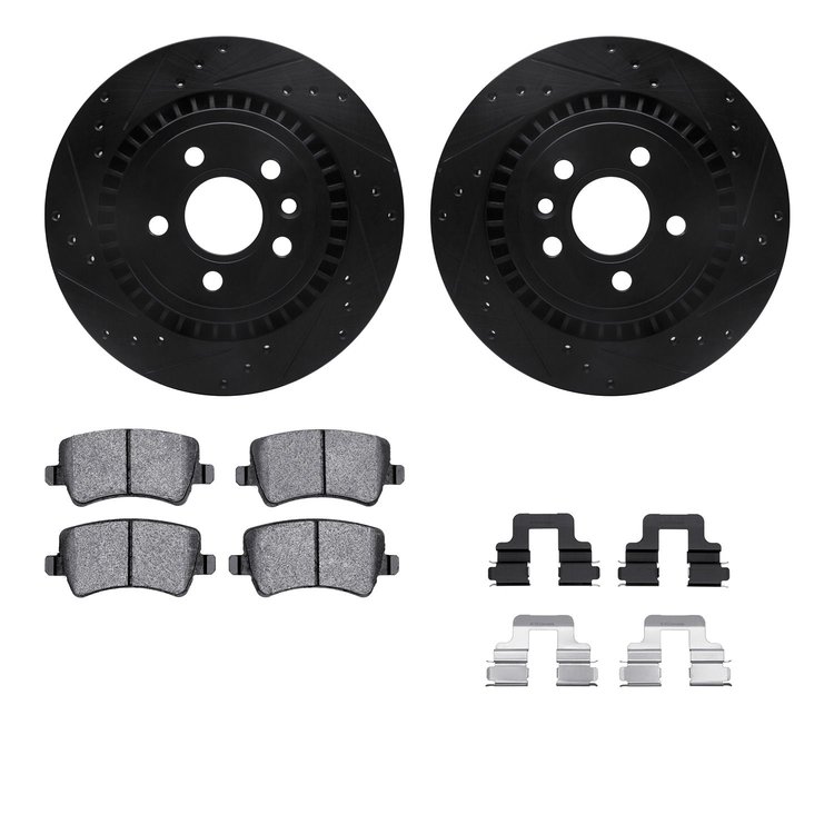 8312-27068 Drilled/Slotted Brake Rotors with 3000-Series Ceramic Brake Pads Kit & Hardware [Black], 2008-2016 Volvo, Position: R