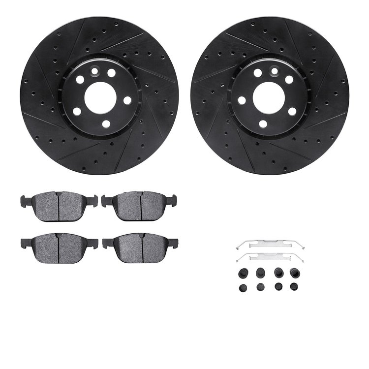 8312-27070 Drilled/Slotted Brake Rotors with 3000-Series Ceramic Brake Pads Kit & Hardware [Black], 2010-2016 Volvo, Position: F