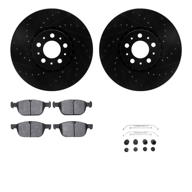 8312-27071 Drilled/Slotted Brake Rotors with 3000-Series Ceramic Brake Pads Kit & Hardware [Black], 2003-2014 Volvo, Position: F