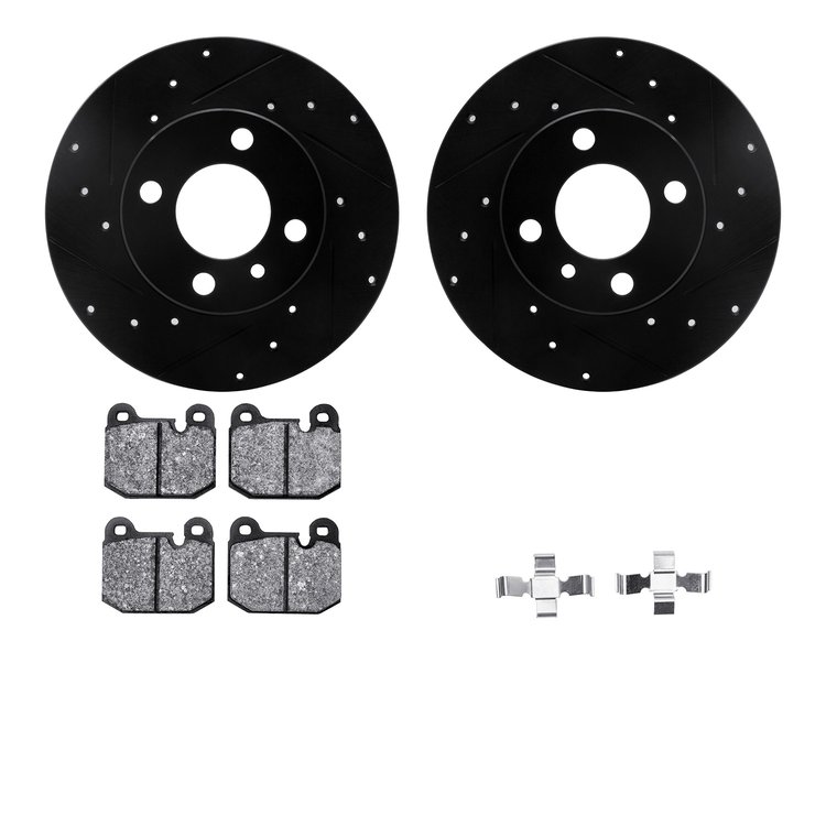 8312-31011 Drilled/Slotted Brake Rotors with 3000-Series Ceramic Brake Pads Kit & Hardware [Black], 1977-1983 BMW, Position: Fro