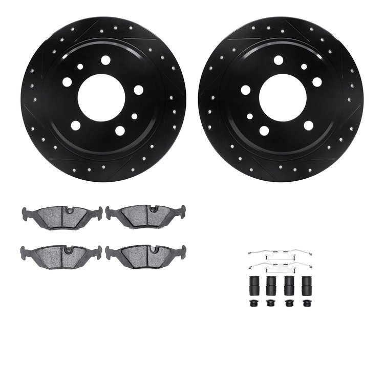 8312-31016 Drilled/Slotted Brake Rotors with 3000-Series Ceramic Brake Pads Kit & Hardware [Black], 1982-1989 BMW, Position: Rea