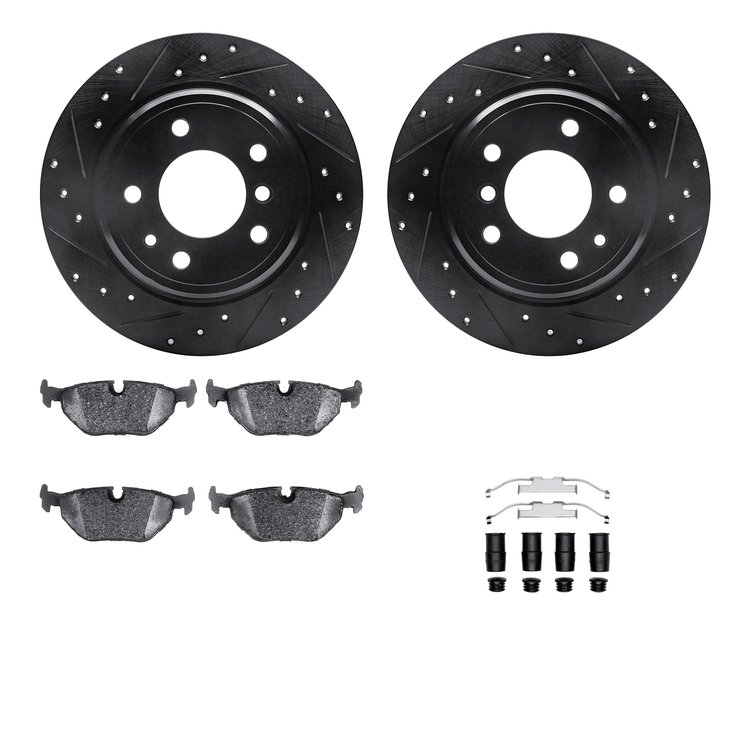 8312-31026 Drilled/Slotted Brake Rotors with 3000-Series Ceramic Brake Pads Kit & Hardware [Black], 1989-1995 BMW, Position: Rea