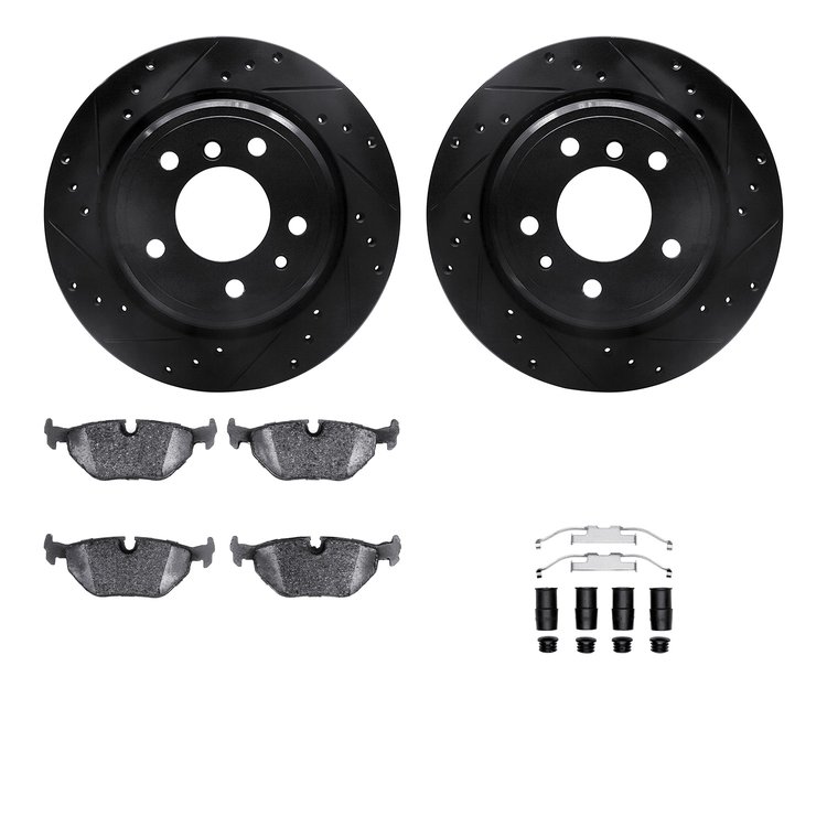 8312-31029 Drilled/Slotted Brake Rotors with 3000-Series Ceramic Brake Pads Kit & Hardware [Black], 1991-1995 BMW, Position: Rea
