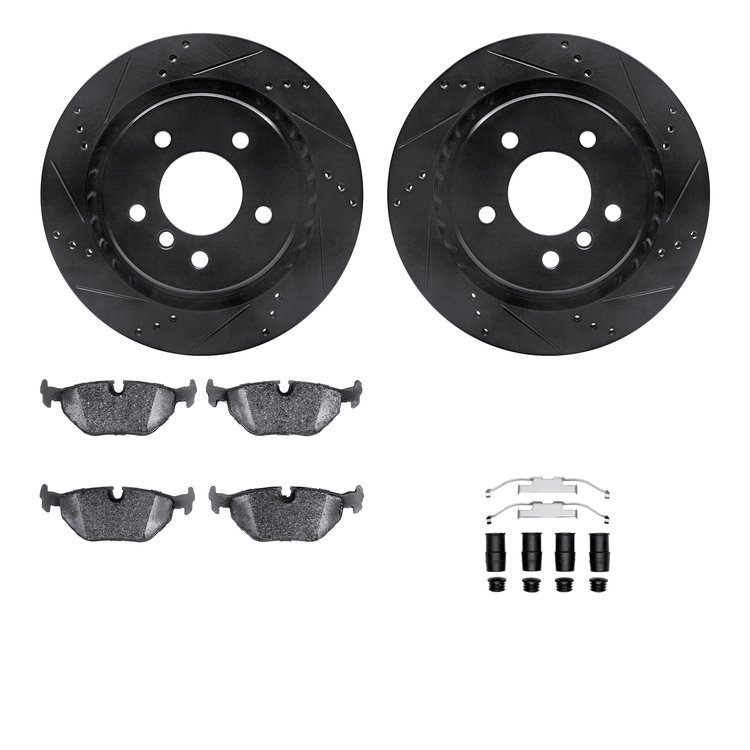 8312-31030 Drilled/Slotted Brake Rotors with 3000-Series Ceramic Brake Pads Kit & Hardware [Black], 1995-2002 BMW, Position: Rea