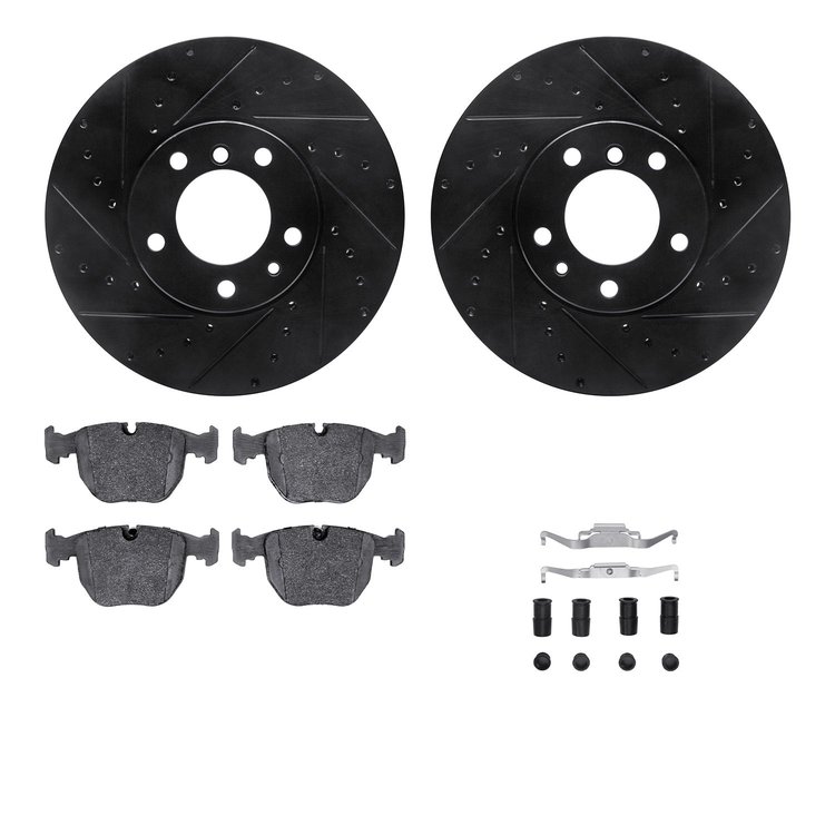 8312-31044 Drilled/Slotted Brake Rotors with 3000-Series Ceramic Brake Pads Kit & Hardware [Black], 2000-2000 BMW, Position: Fro