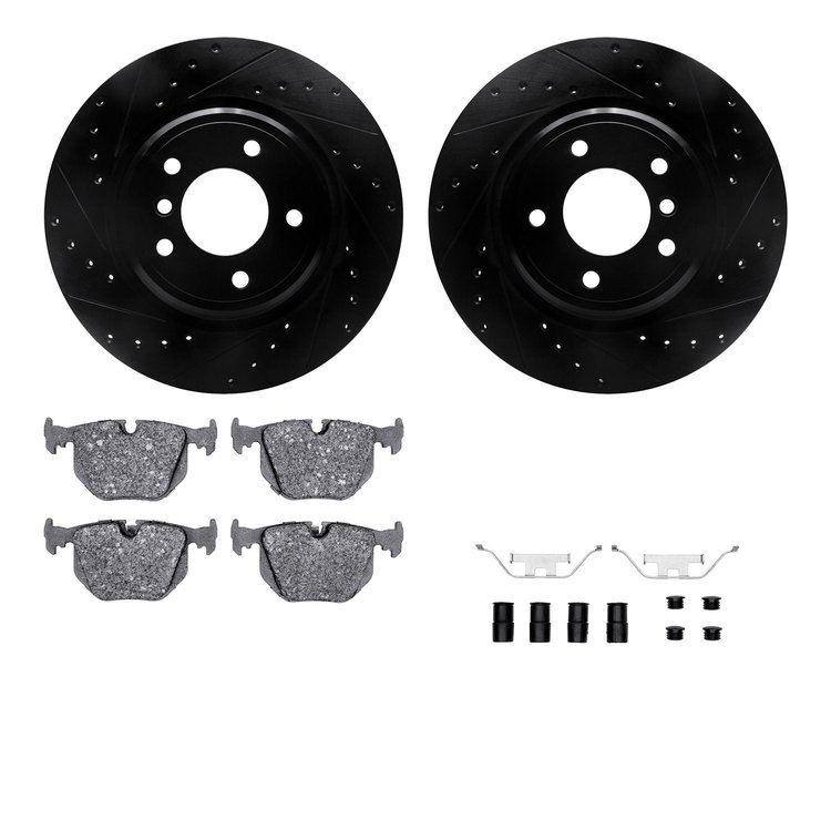 8312-31049 Drilled/Slotted Brake Rotors with 3000-Series Ceramic Brake Pads Kit & Hardware [Black], 1995-2003 BMW, Position: Rea