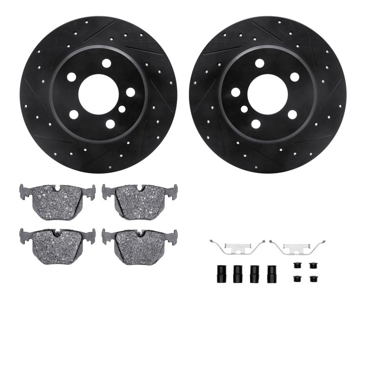 8312-31052 Drilled/Slotted Brake Rotors with 3000-Series Ceramic Brake Pads Kit & Hardware [Black], 2000-2006 BMW, Position: Rea