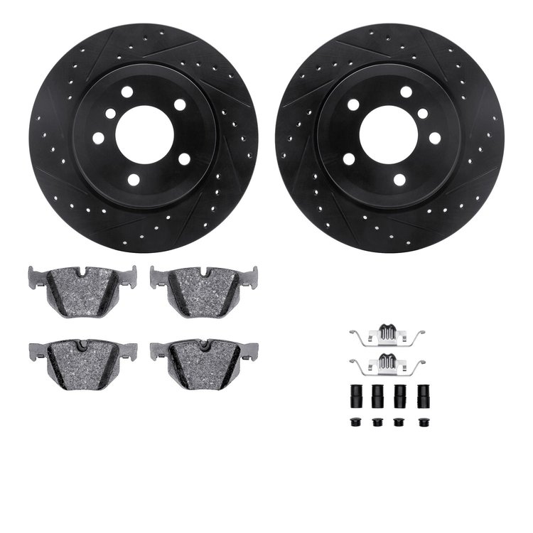 8312-31056 Drilled/Slotted Brake Rotors with 3000-Series Ceramic Brake Pads Kit & Hardware [Black], 2006-2010 BMW, Position: Rea