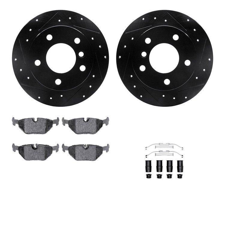8312-31060 Drilled/Slotted Brake Rotors with 3000-Series Ceramic Brake Pads Kit & Hardware [Black], 1996-2002 BMW, Position: Rea