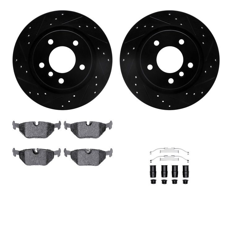 8312-31061 Drilled/Slotted Brake Rotors with 3000-Series Ceramic Brake Pads Kit & Hardware [Black], 1999-2006 BMW, Position: Rea
