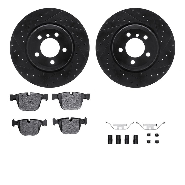 8312-31074 Drilled/Slotted Brake Rotors with 3000-Series Ceramic Brake Pads Kit & Hardware [Black], 2005-2008 BMW, Position: Rea