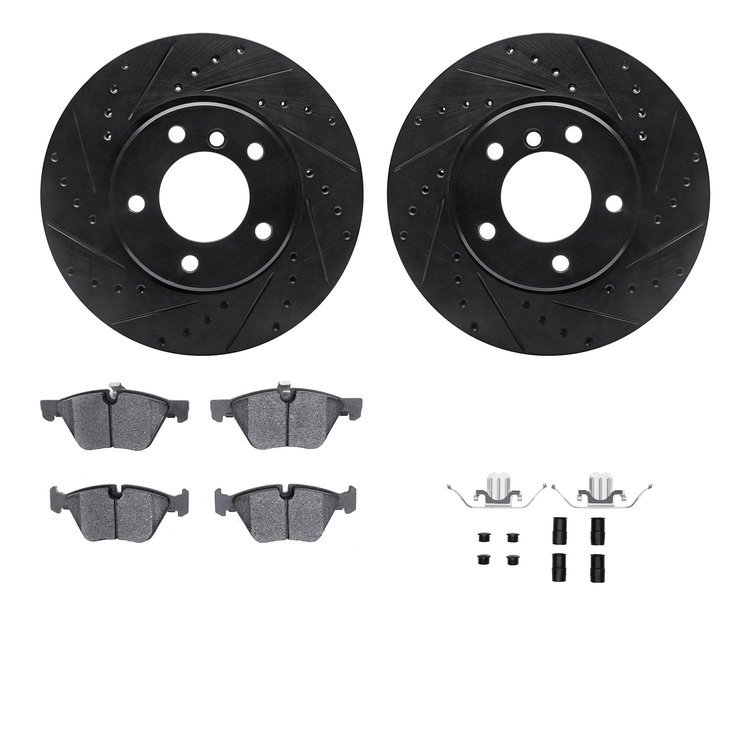 8312-31086 Drilled/Slotted Brake Rotors with 3000-Series Ceramic Brake Pads Kit & Hardware [Black], 2004-2010 BMW, Position: Fro
