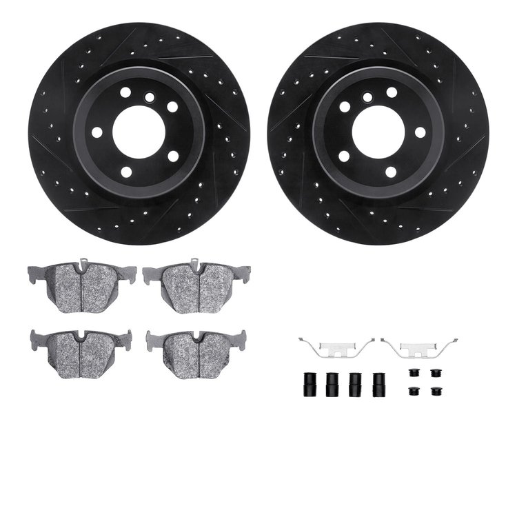 8312-31087 Drilled/Slotted Brake Rotors with 3000-Series Ceramic Brake Pads Kit & Hardware [Black], 2006-2015 BMW, Position: Rea