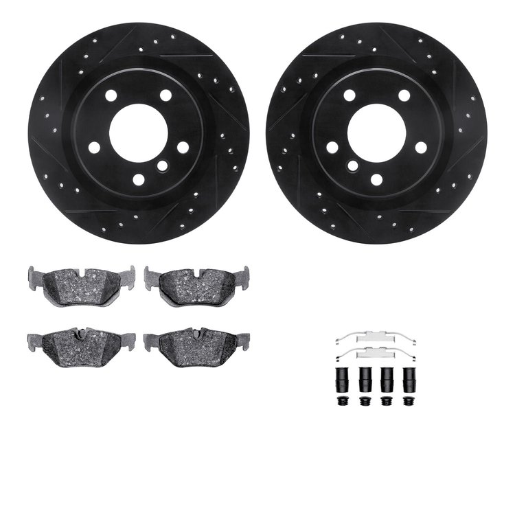 8312-31089 Drilled/Slotted Brake Rotors with 3000-Series Ceramic Brake Pads Kit & Hardware [Black], 2006-2013 BMW, Position: Rea