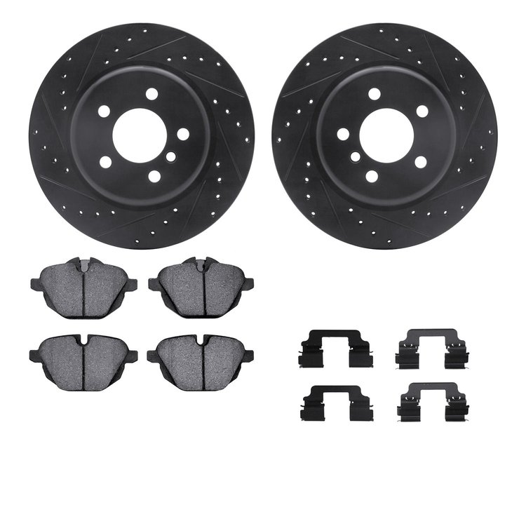 8312-31103 Drilled/Slotted Brake Rotors with 3000-Series Ceramic Brake Pads Kit & Hardware [Black], 2011-2016 BMW, Position: Rea