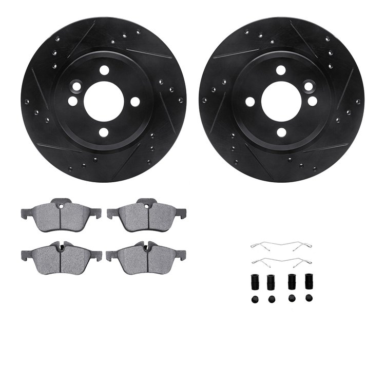 8312-32001 Drilled/Slotted Brake Rotors with 3000-Series Ceramic Brake Pads Kit & Hardware [Black], 2002-2006 Mini, Position: Fr