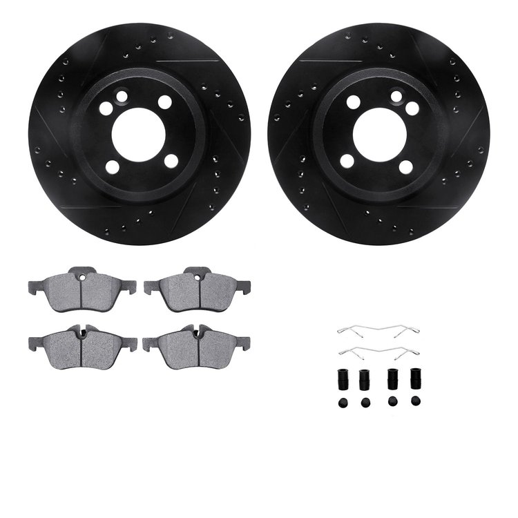 8312-32002 Drilled/Slotted Brake Rotors with 3000-Series Ceramic Brake Pads Kit & Hardware [Black], 2007-2008 Mini, Position: Fr