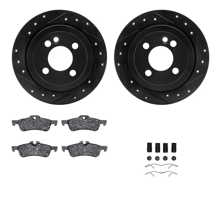 8312-32004 Drilled/Slotted Brake Rotors with 3000-Series Ceramic Brake Pads Kit & Hardware [Black], 2007-2008 Mini, Position: Re