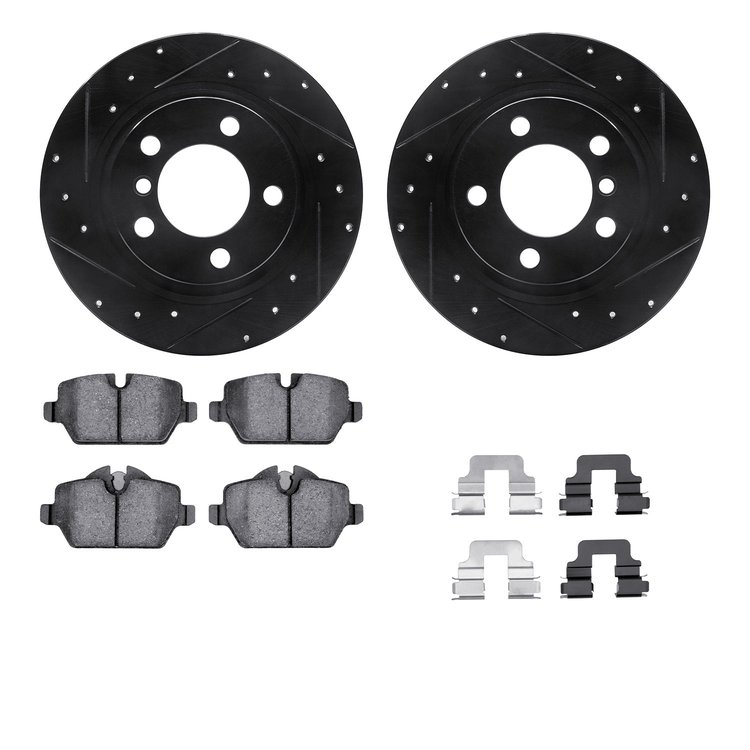 8312-32010 Drilled/Slotted Brake Rotors with 3000-Series Ceramic Brake Pads Kit & Hardware [Black], 2013-2016 Mini, Position: Re