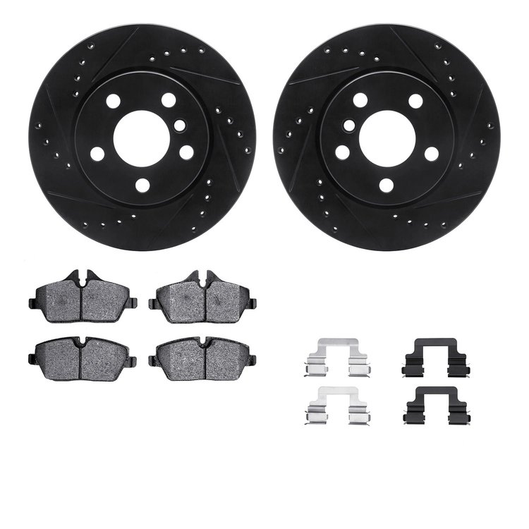 8312-32012 Drilled/Slotted Brake Rotors with 3000-Series Ceramic Brake Pads Kit & Hardware [Black], Fits Select Mini, Position: 