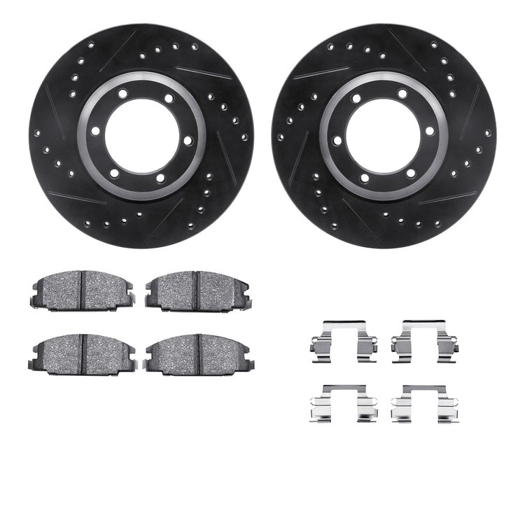 8312-37006 Drilled/Slotted Brake Rotors with 3000-Series Ceramic Brake Pads Kit & Hardware [Black], 1986-1986 GM, Position: Fron