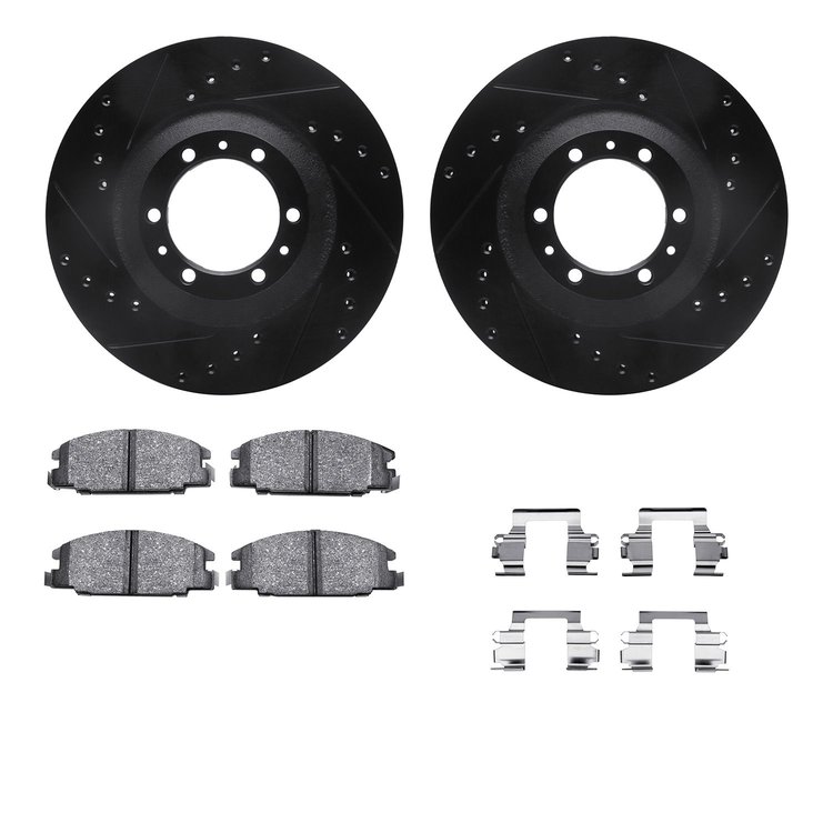 8312-37008 Drilled/Slotted Brake Rotors with 3000-Series Ceramic Brake Pads Kit & Hardware [Black], 1995-1995 GM, Position: Fron