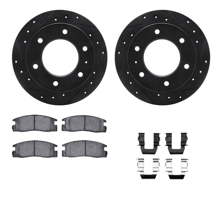 8312-37009 Drilled/Slotted Brake Rotors with 3000-Series Ceramic Brake Pads Kit & Hardware [Black], 1988-1995 GM, Position: Rear