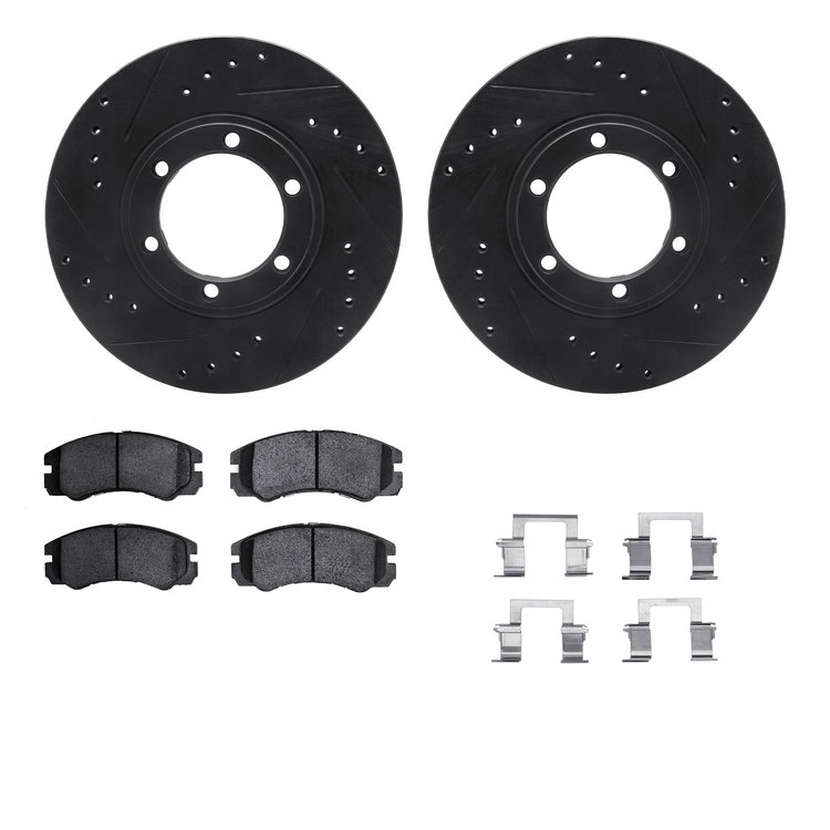 8312-37011 Drilled/Slotted Brake Rotors with 3000-Series Ceramic Brake Pads Kit & Hardware [Black], 1992-1995 Multiple Makes/Mod