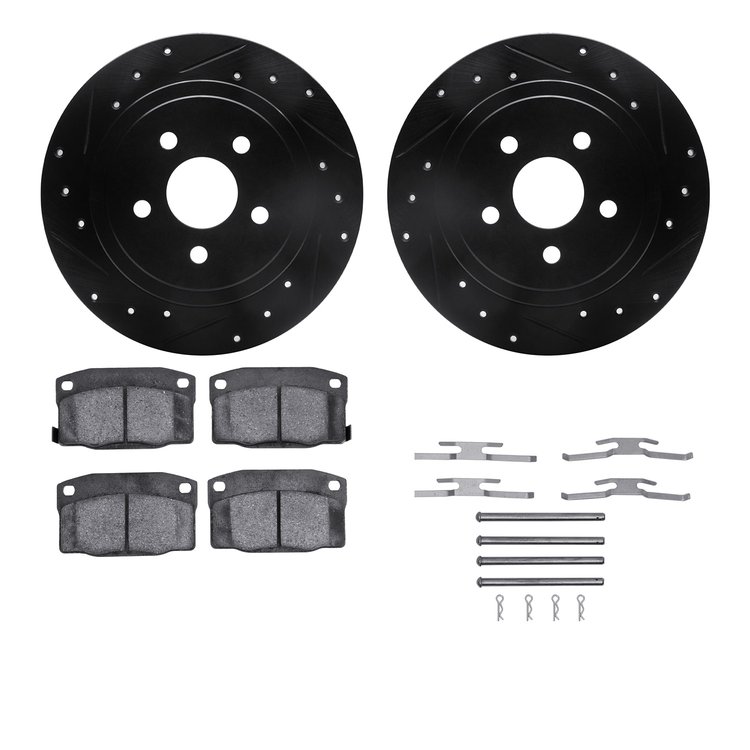 8312-39013 Drilled/Slotted Brake Rotors with 3000-Series Ceramic Brake Pads Kit & Hardware [Black], 1988-1989 GM, Position: Rear