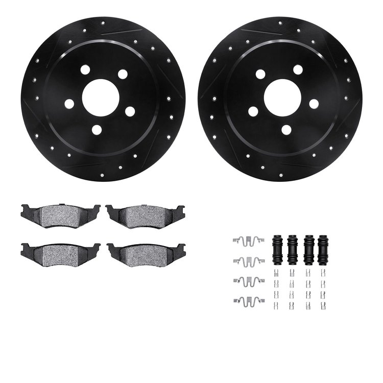 8312-39019 Drilled/Slotted Brake Rotors with 3000-Series Ceramic Brake Pads Kit & Hardware [Black], 1995-2007 Mopar, Position: R