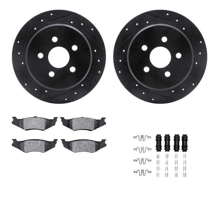 8312-39020 Drilled/Slotted Brake Rotors with 3000-Series Ceramic Brake Pads Kit & Hardware [Black], 2003-2010 Mopar, Position: R