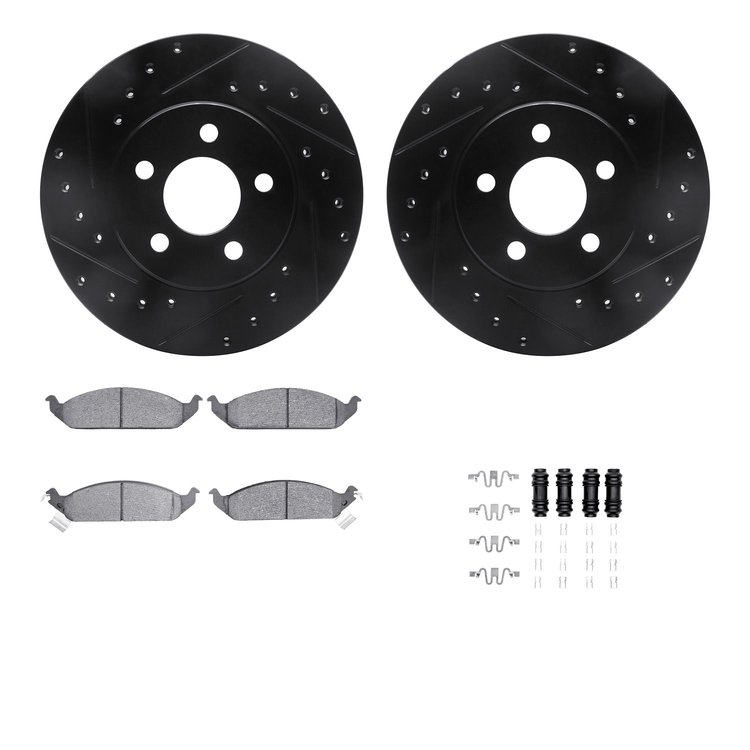 8312-39022 Drilled/Slotted Brake Rotors with 3000-Series Ceramic Brake Pads Kit & Hardware [Black], 1995-2000 Mopar, Position: F