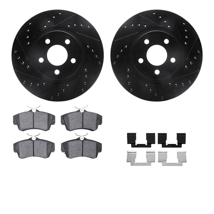 8312-39024 Drilled/Slotted Brake Rotors with 3000-Series Ceramic Brake Pads Kit & Hardware [Black], 2001-2010 Mopar, Position: F
