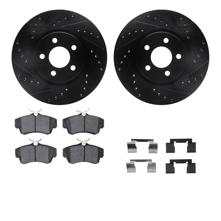 8312-39025 Drilled/Slotted Brake Rotors with 3000-Series Ceramic Brake Pads Kit & Hardware [Black], 2003-2009 Mopar, Position: F