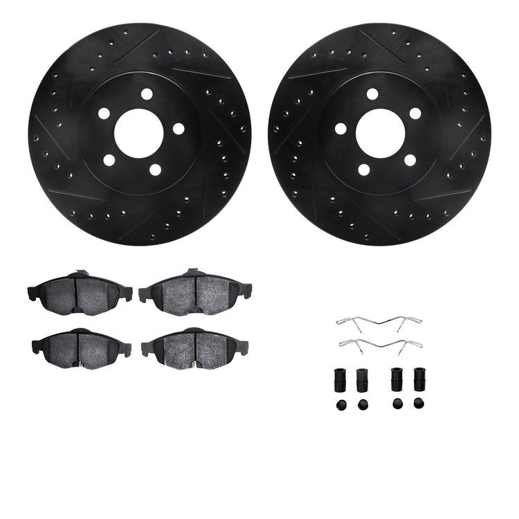 8312-39028 Drilled/Slotted Brake Rotors with 3000-Series Ceramic Brake Pads Kit & Hardware [Black], 2001-2006 Mopar, Position: F