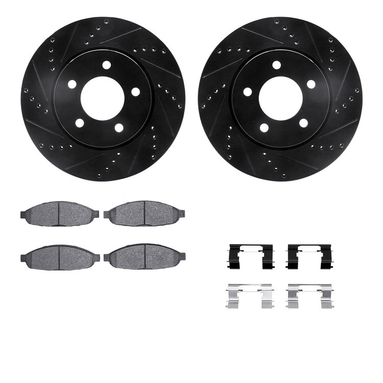 8312-39029 Drilled/Slotted Brake Rotors with 3000-Series Ceramic Brake Pads Kit & Hardware [Black], 2004-2008 Mopar, Position: F