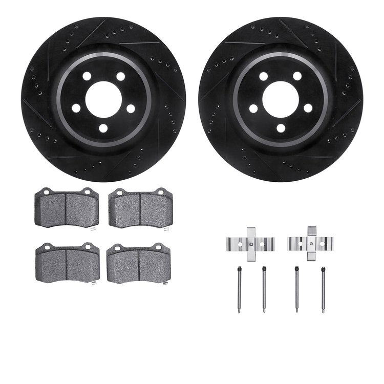 8312-39032 Drilled/Slotted Brake Rotors with 3000-Series Ceramic Brake Pads Kit & Hardware [Black], Fits Select Mopar, Position: