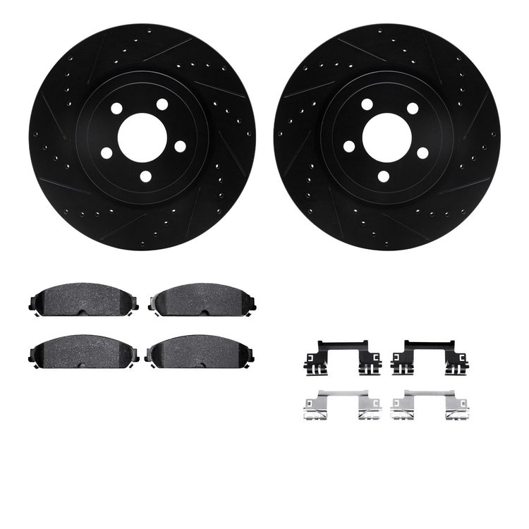 8312-39038 Drilled/Slotted Brake Rotors with 3000-Series Ceramic Brake Pads Kit & Hardware [Black], Fits Select Mopar, Position: