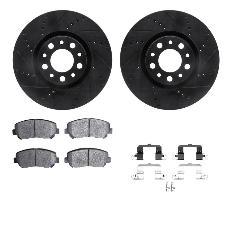 8312-39041 Drilled/Slotted Brake Rotors with 3000-Series Ceramic Brake Pads Kit & Hardware [Black], 2016-2017 Mopar, Position: F