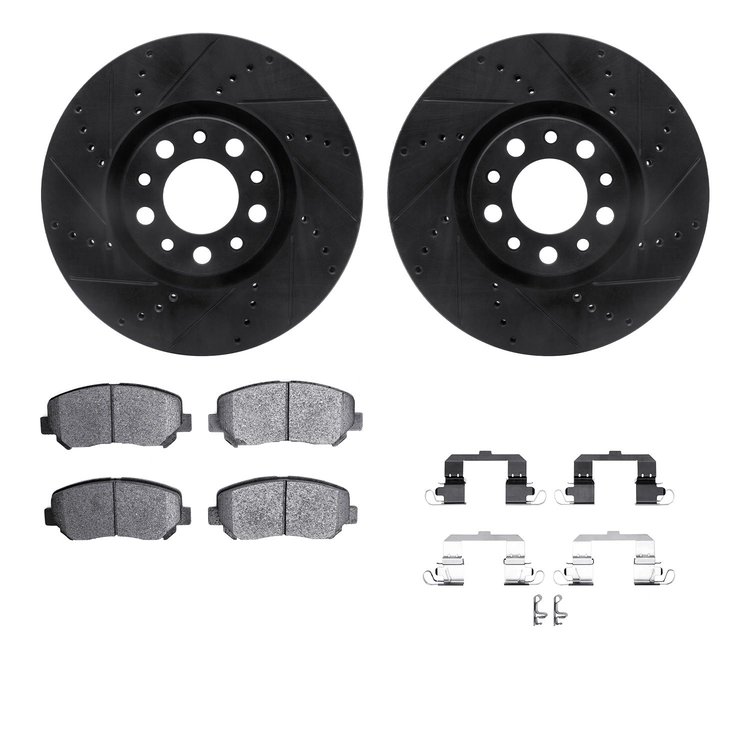 8312-39042 Drilled/Slotted Brake Rotors with 3000-Series Ceramic Brake Pads Kit & Hardware [Black], 2013-2016 Mopar, Position: F