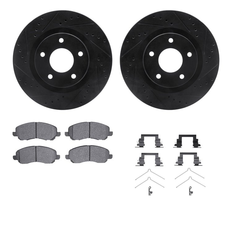 8312-39046 Drilled/Slotted Brake Rotors with 3000-Series Ceramic Brake Pads Kit & Hardware [Black], 2016-2017 Mopar, Position: F