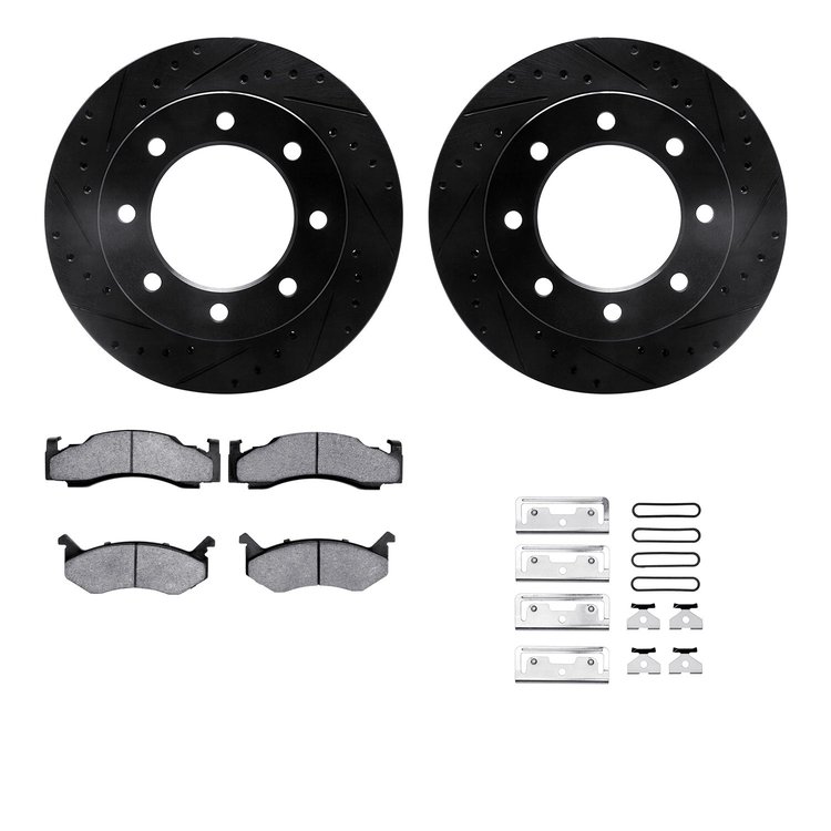 8312-40012 Drilled/Slotted Brake Rotors with 3000-Series Ceramic Brake Pads Kit & Hardware [Black], 1973-1993 Mopar, Position: F