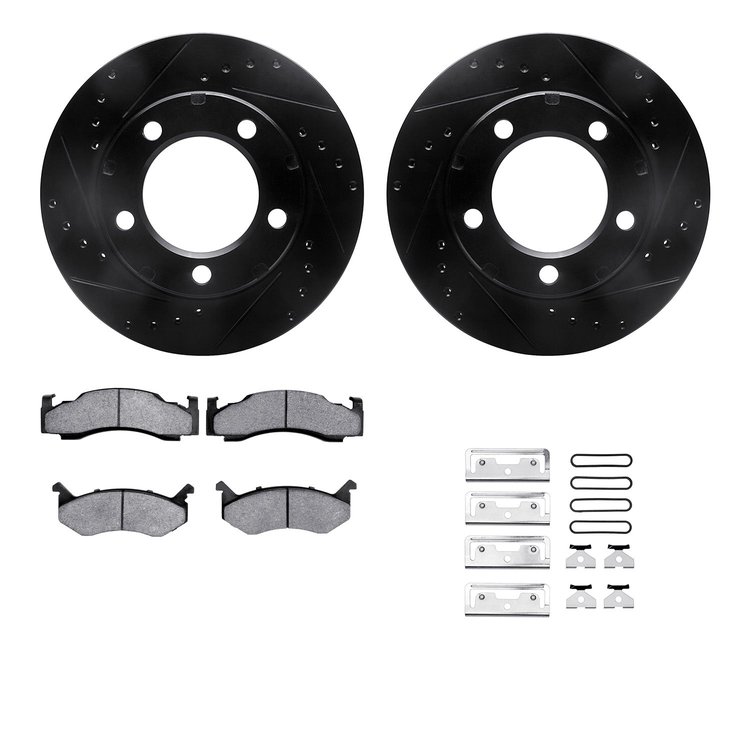 8312-40014 Drilled/Slotted Brake Rotors with 3000-Series Ceramic Brake Pads Kit & Hardware [Black], 1980-1993 Mopar, Position: F
