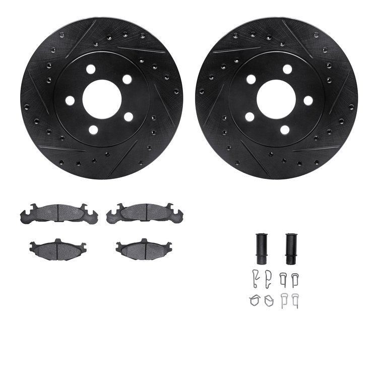 8312-40026 Drilled/Slotted Brake Rotors with 3000-Series Ceramic Brake Pads Kit & Hardware [Black], 1984-1990 Mopar, Position: F