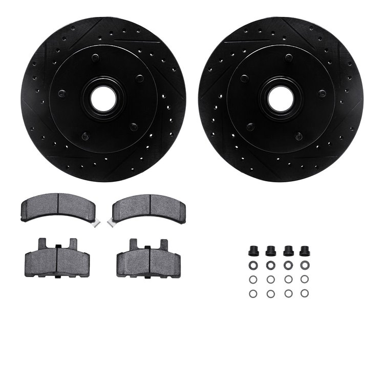 8312-40036 Drilled/Slotted Brake Rotors with 3000-Series Ceramic Brake Pads Kit & Hardware [Black], 1994-1999 Mopar, Position: F