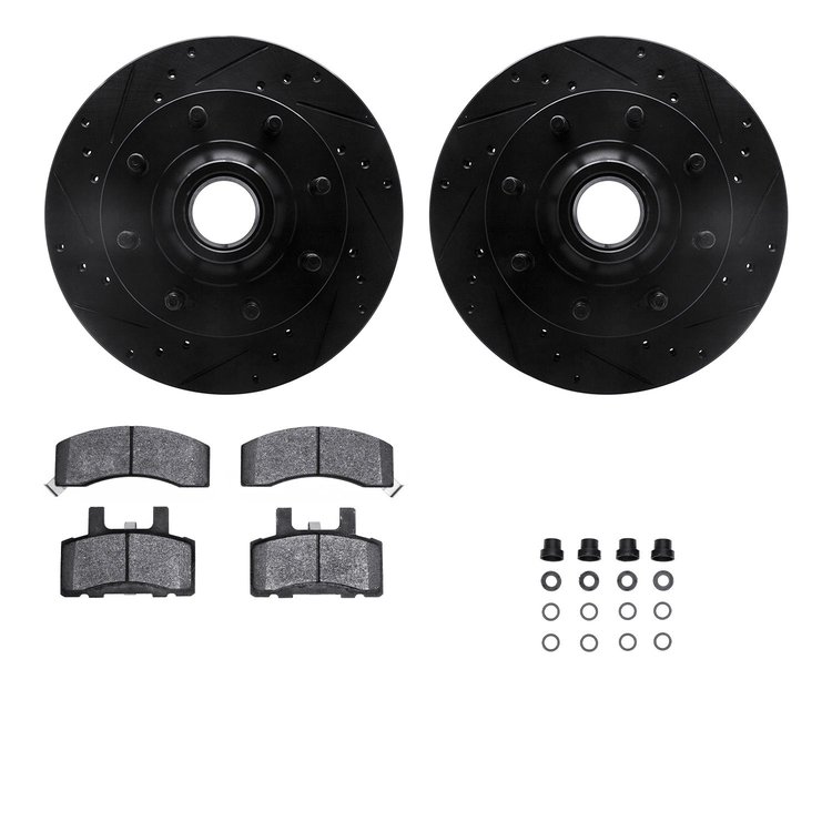 8312-40039 Drilled/Slotted Brake Rotors with 3000-Series Ceramic Brake Pads Kit & Hardware [Black], 1994-1999 Mopar, Position: F