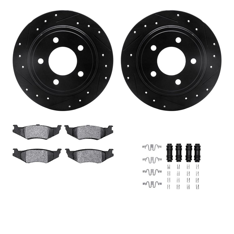 8312-40050 Drilled/Slotted Brake Rotors with 3000-Series Ceramic Brake Pads Kit & Hardware [Black], 1993-2004 Mopar, Position: R