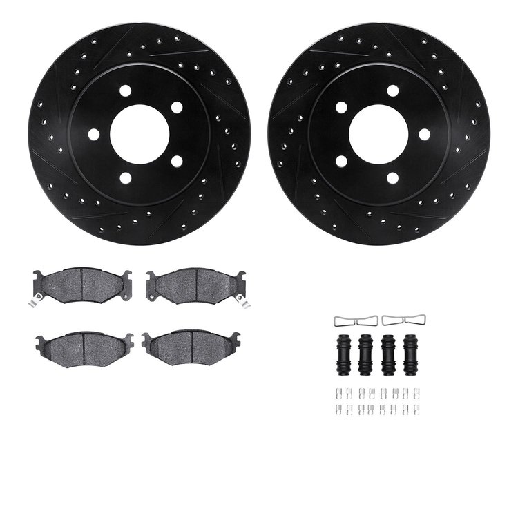 8312-40052 Drilled/Slotted Brake Rotors with 3000-Series Ceramic Brake Pads Kit & Hardware [Black], 1991-1995 Mopar, Position: F