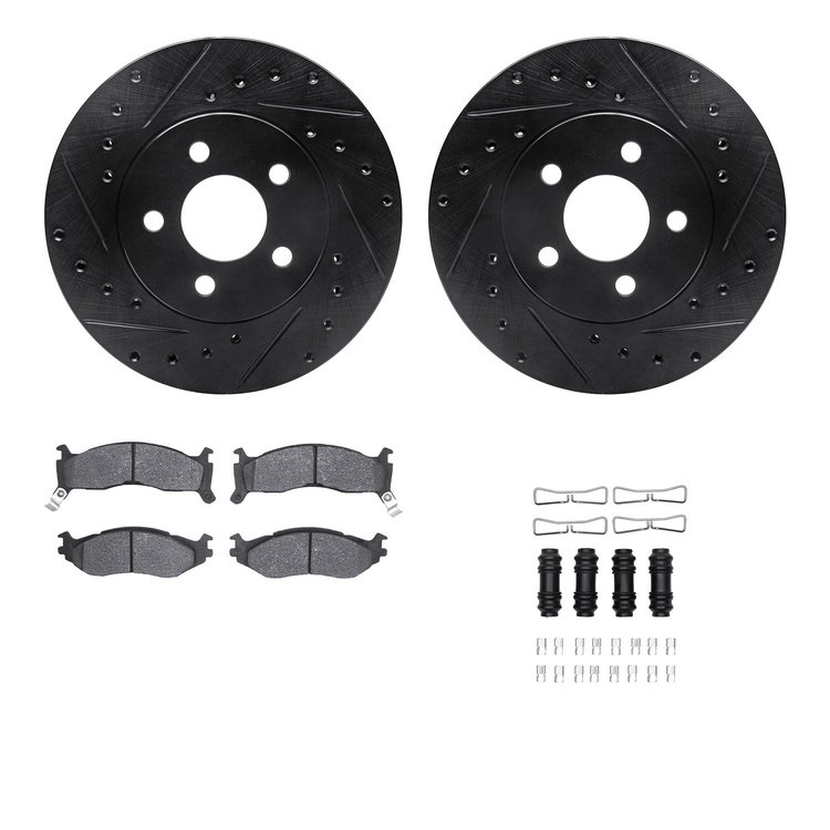 8312-40054 Drilled/Slotted Brake Rotors with 3000-Series Ceramic Brake Pads Kit & Hardware [Black], 1991-1995 Mopar, Position: F