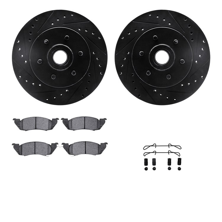 8312-40055 Drilled/Slotted Brake Rotors with 3000-Series Ceramic Brake Pads Kit & Hardware [Black], 1991-1996 Mopar, Position: F